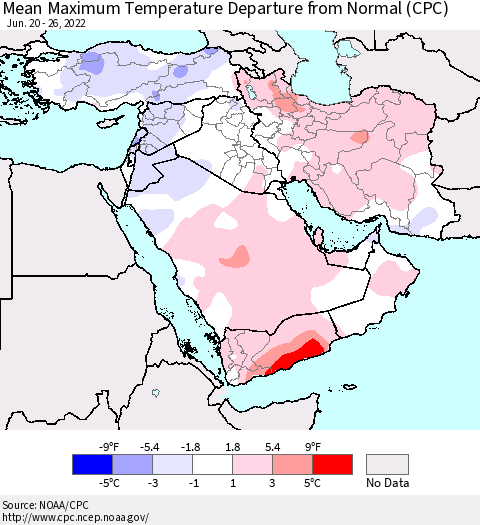 Middle East and Turkey Mean Maximum Temperature Departure from Normal (CPC) Thematic Map For 6/20/2022 - 6/26/2022