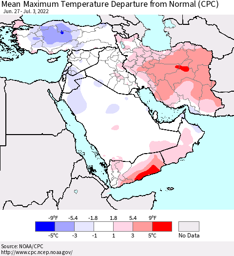 Middle East and Turkey Mean Maximum Temperature Departure from Normal (CPC) Thematic Map For 6/27/2022 - 7/3/2022
