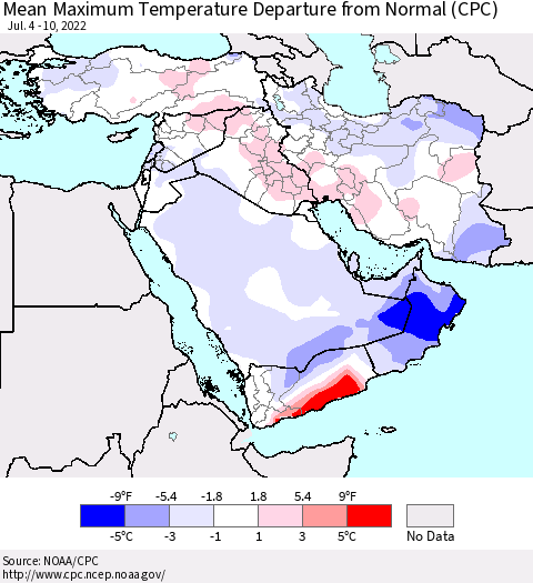 Middle East and Turkey Mean Maximum Temperature Departure from Normal (CPC) Thematic Map For 7/4/2022 - 7/10/2022