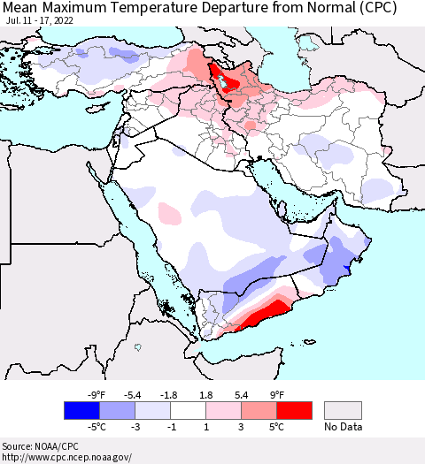 Middle East and Turkey Mean Maximum Temperature Departure from Normal (CPC) Thematic Map For 7/11/2022 - 7/17/2022