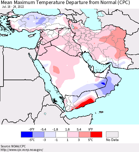 Middle East and Turkey Mean Maximum Temperature Departure from Normal (CPC) Thematic Map For 7/18/2022 - 7/24/2022