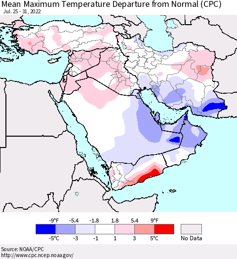 Middle East and Turkey Mean Maximum Temperature Departure from Normal (CPC) Thematic Map For 7/25/2022 - 7/31/2022