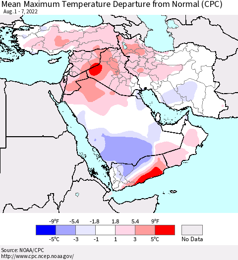 Middle East and Turkey Mean Maximum Temperature Departure from Normal (CPC) Thematic Map For 8/1/2022 - 8/7/2022