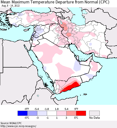 Middle East and Turkey Mean Maximum Temperature Departure from Normal (CPC) Thematic Map For 8/8/2022 - 8/14/2022