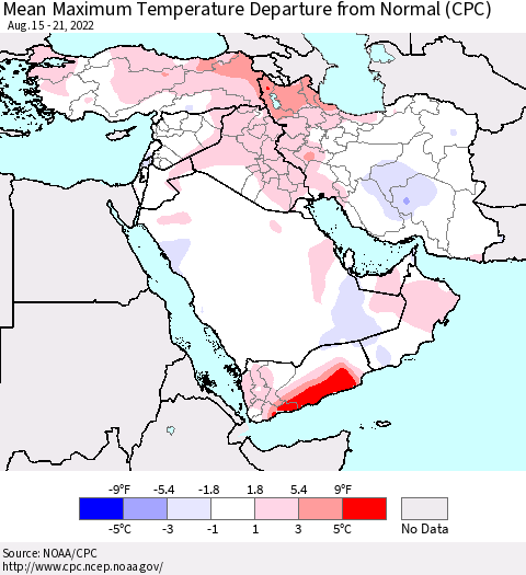 Middle East and Turkey Mean Maximum Temperature Departure from Normal (CPC) Thematic Map For 8/15/2022 - 8/21/2022