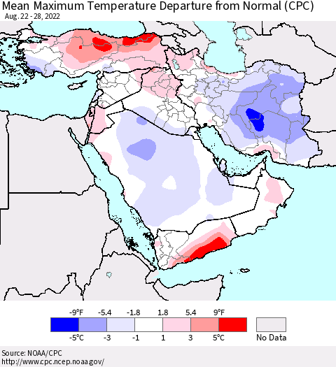 Middle East and Turkey Mean Maximum Temperature Departure from Normal (CPC) Thematic Map For 8/22/2022 - 8/28/2022