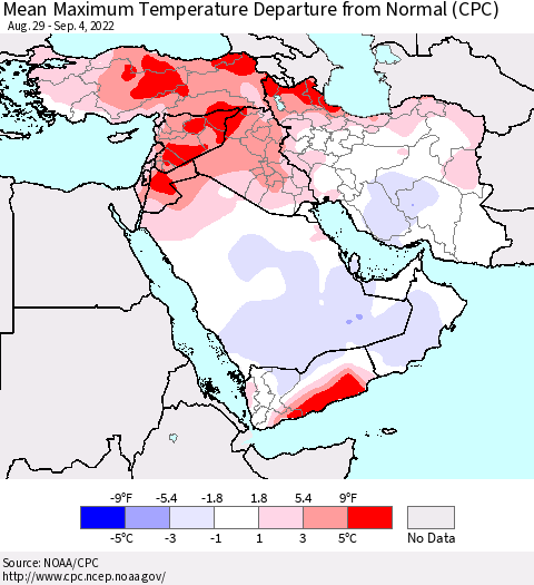 Middle East and Turkey Mean Maximum Temperature Departure from Normal (CPC) Thematic Map For 8/29/2022 - 9/4/2022