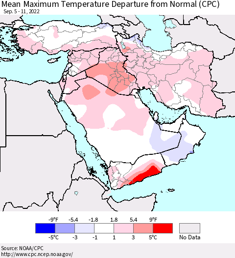 Middle East and Turkey Mean Maximum Temperature Departure from Normal (CPC) Thematic Map For 9/5/2022 - 9/11/2022