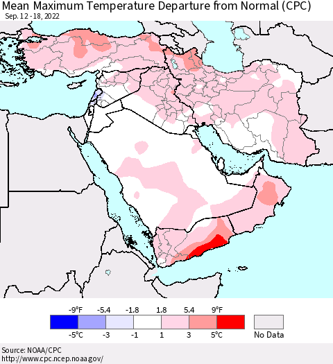 Middle East and Turkey Mean Maximum Temperature Departure from Normal (CPC) Thematic Map For 9/12/2022 - 9/18/2022