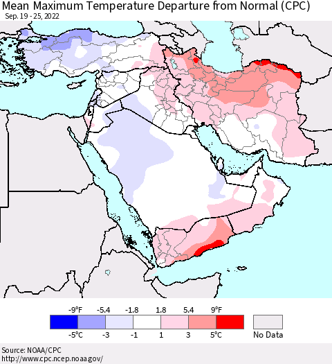 Middle East and Turkey Mean Maximum Temperature Departure from Normal (CPC) Thematic Map For 9/19/2022 - 9/25/2022