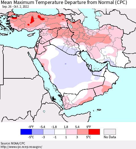 Middle East and Turkey Mean Maximum Temperature Departure from Normal (CPC) Thematic Map For 9/26/2022 - 10/2/2022
