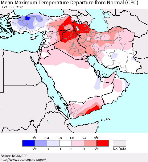 Middle East and Turkey Mean Maximum Temperature Departure from Normal (CPC) Thematic Map For 10/3/2022 - 10/9/2022