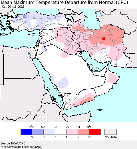 Middle East and Turkey Mean Maximum Temperature Departure from Normal (CPC) Thematic Map For 10/10/2022 - 10/16/2022