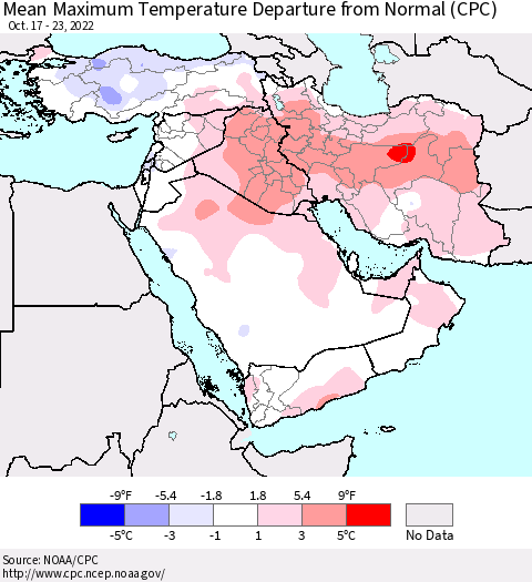 Middle East and Turkey Mean Maximum Temperature Departure from Normal (CPC) Thematic Map For 10/17/2022 - 10/23/2022