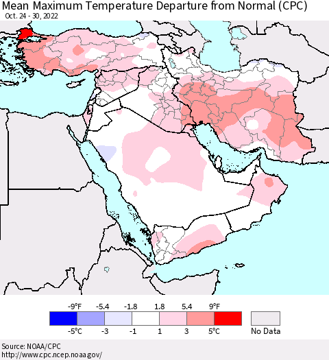 Middle East and Turkey Mean Maximum Temperature Departure from Normal (CPC) Thematic Map For 10/24/2022 - 10/30/2022