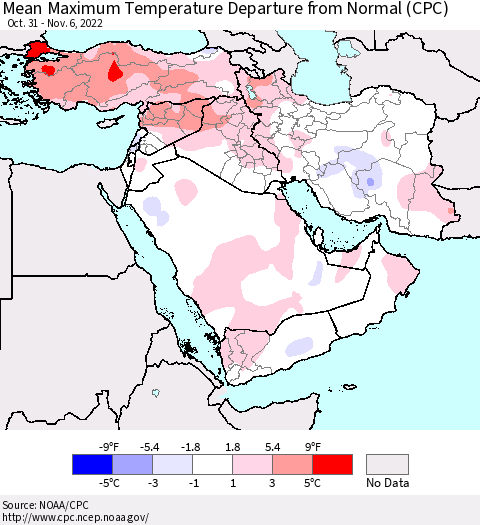 Middle East and Turkey Mean Maximum Temperature Departure from Normal (CPC) Thematic Map For 10/31/2022 - 11/6/2022