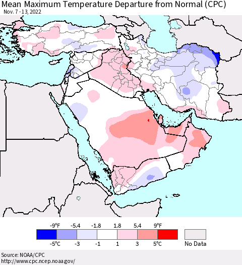 Middle East and Turkey Mean Maximum Temperature Departure from Normal (CPC) Thematic Map For 11/7/2022 - 11/13/2022