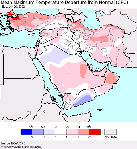 Middle East and Turkey Mean Maximum Temperature Departure from Normal (CPC) Thematic Map For 11/14/2022 - 11/20/2022