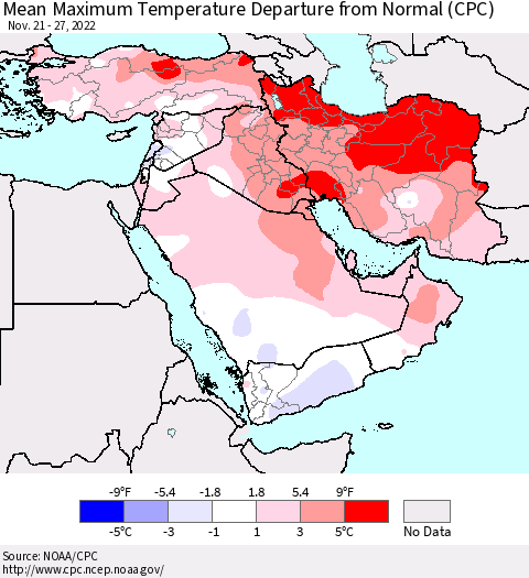 Middle East and Turkey Mean Maximum Temperature Departure from Normal (CPC) Thematic Map For 11/21/2022 - 11/27/2022