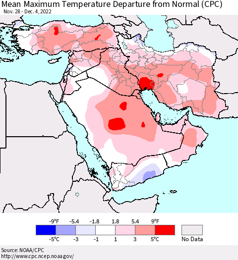 Middle East and Turkey Mean Maximum Temperature Departure from Normal (CPC) Thematic Map For 11/28/2022 - 12/4/2022