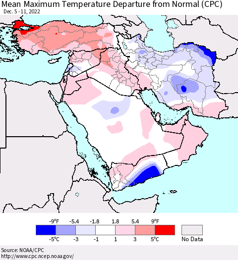 Middle East and Turkey Mean Maximum Temperature Departure from Normal (CPC) Thematic Map For 12/5/2022 - 12/11/2022