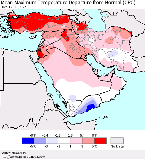 Middle East and Turkey Mean Maximum Temperature Departure from Normal (CPC) Thematic Map For 12/12/2022 - 12/18/2022