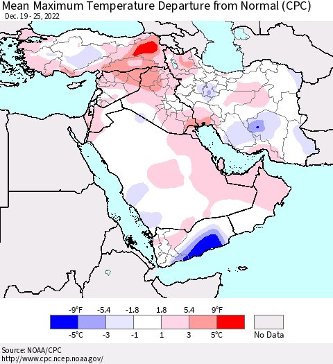 Middle East and Turkey Mean Maximum Temperature Departure from Normal (CPC) Thematic Map For 12/19/2022 - 12/25/2022