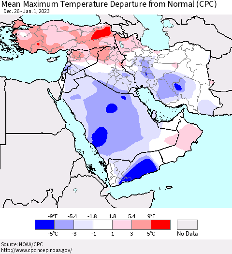 Middle East and Turkey Mean Maximum Temperature Departure from Normal (CPC) Thematic Map For 12/26/2022 - 1/1/2023