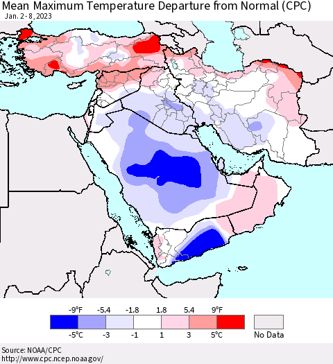Middle East and Turkey Mean Maximum Temperature Departure from Normal (CPC) Thematic Map For 1/2/2023 - 1/8/2023