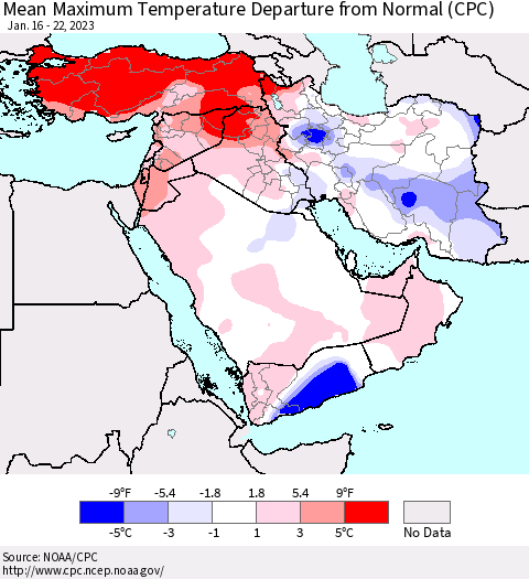 Middle East and Turkey Mean Maximum Temperature Departure from Normal (CPC) Thematic Map For 1/16/2023 - 1/22/2023
