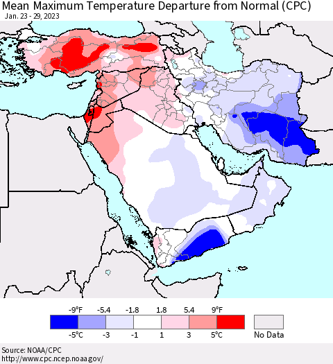 Middle East and Turkey Mean Maximum Temperature Departure from Normal (CPC) Thematic Map For 1/23/2023 - 1/29/2023
