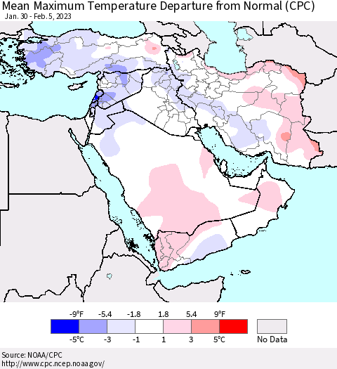 Middle East and Turkey Mean Maximum Temperature Departure from Normal (CPC) Thematic Map For 1/30/2023 - 2/5/2023