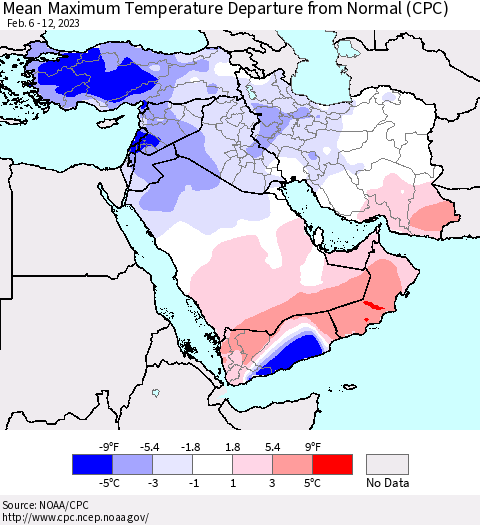 Middle East and Turkey Mean Maximum Temperature Departure from Normal (CPC) Thematic Map For 2/6/2023 - 2/12/2023