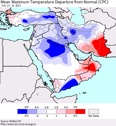 Middle East and Turkey Mean Maximum Temperature Departure from Normal (CPC) Thematic Map For 2/13/2023 - 2/19/2023