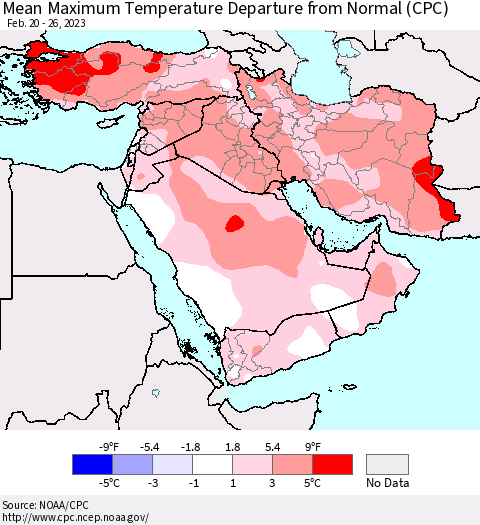 Middle East and Turkey Mean Maximum Temperature Departure from Normal (CPC) Thematic Map For 2/20/2023 - 2/26/2023