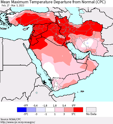 Middle East and Turkey Mean Maximum Temperature Departure from Normal (CPC) Thematic Map For 2/27/2023 - 3/5/2023