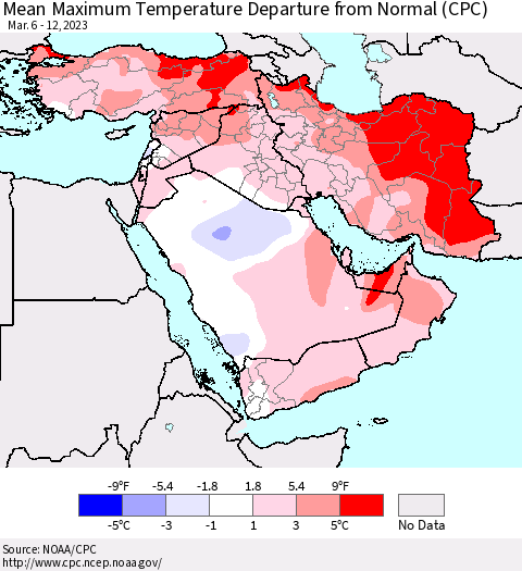 Middle East and Turkey Mean Maximum Temperature Departure from Normal (CPC) Thematic Map For 3/6/2023 - 3/12/2023