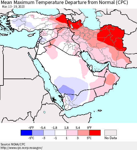 Middle East and Turkey Mean Maximum Temperature Departure from Normal (CPC) Thematic Map For 3/13/2023 - 3/19/2023