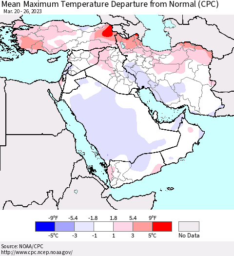 Middle East and Turkey Mean Maximum Temperature Departure from Normal (CPC) Thematic Map For 3/20/2023 - 3/26/2023