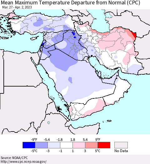 Middle East and Turkey Mean Maximum Temperature Departure from Normal (CPC) Thematic Map For 3/27/2023 - 4/2/2023