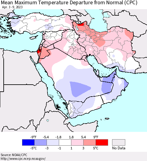 Middle East and Turkey Mean Maximum Temperature Departure from Normal (CPC) Thematic Map For 4/3/2023 - 4/9/2023