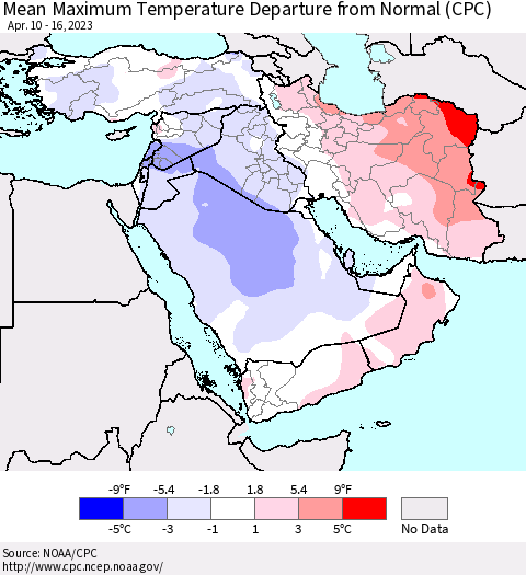 Middle East and Turkey Mean Maximum Temperature Departure from Normal (CPC) Thematic Map For 4/10/2023 - 4/16/2023