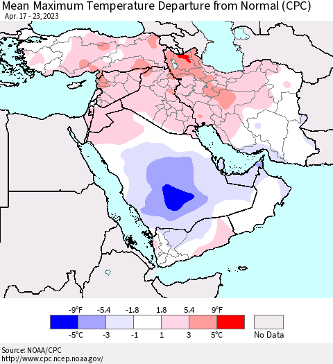 Middle East and Turkey Mean Maximum Temperature Departure from Normal (CPC) Thematic Map For 4/17/2023 - 4/23/2023