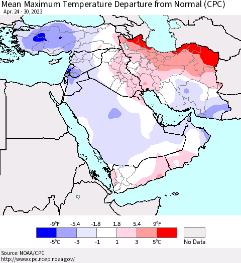 Middle East and Turkey Mean Maximum Temperature Departure from Normal (CPC) Thematic Map For 4/24/2023 - 4/30/2023