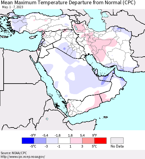Middle East and Turkey Mean Maximum Temperature Departure from Normal (CPC) Thematic Map For 5/1/2023 - 5/7/2023