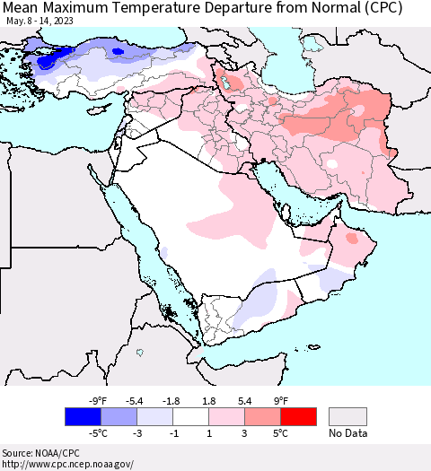 Middle East and Turkey Mean Maximum Temperature Departure from Normal (CPC) Thematic Map For 5/8/2023 - 5/14/2023