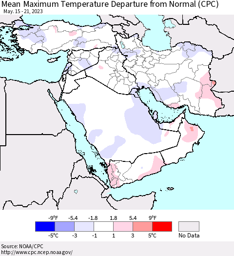 Middle East and Turkey Mean Maximum Temperature Departure from Normal (CPC) Thematic Map For 5/15/2023 - 5/21/2023