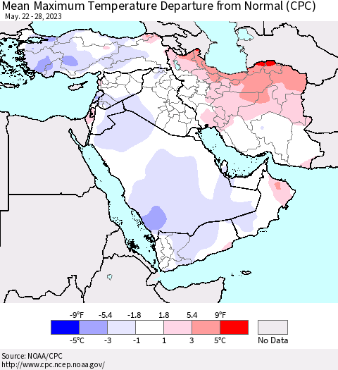Middle East and Turkey Mean Maximum Temperature Departure from Normal (CPC) Thematic Map For 5/22/2023 - 5/28/2023