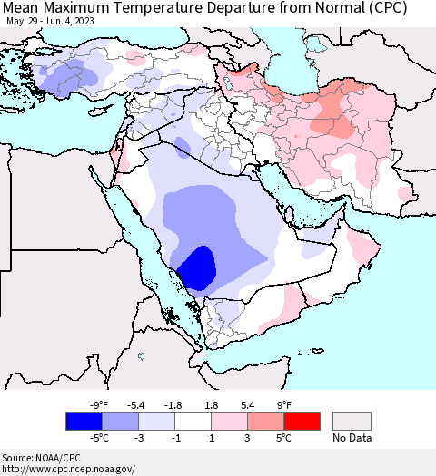 Middle East and Turkey Mean Maximum Temperature Departure from Normal (CPC) Thematic Map For 5/29/2023 - 6/4/2023