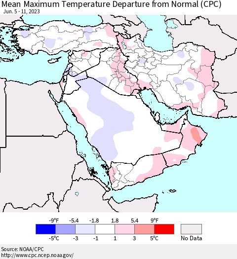Middle East and Turkey Mean Maximum Temperature Departure from Normal (CPC) Thematic Map For 6/5/2023 - 6/11/2023